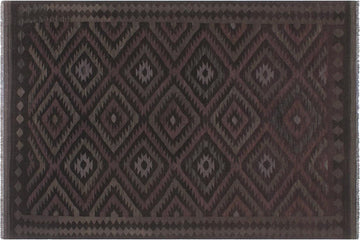 Flat Weave Kilim, Antique, Navaho, Vintage, Handmade, Geometric Kilim Black Blue Hand-Woven Rectangle 100% Wool Area Rug 6 x 8